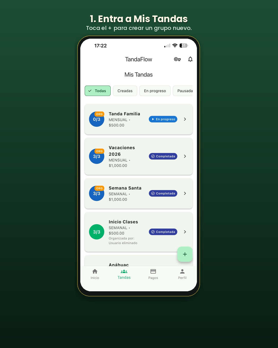 Pantalla Mis Tandas de TandaFlow con grupos de familia, vacaciones y útiles escolares