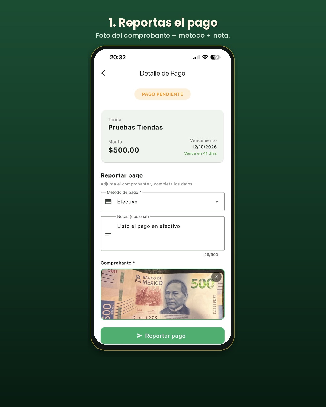 Pantalla para reportar un pago con foto del comprobante