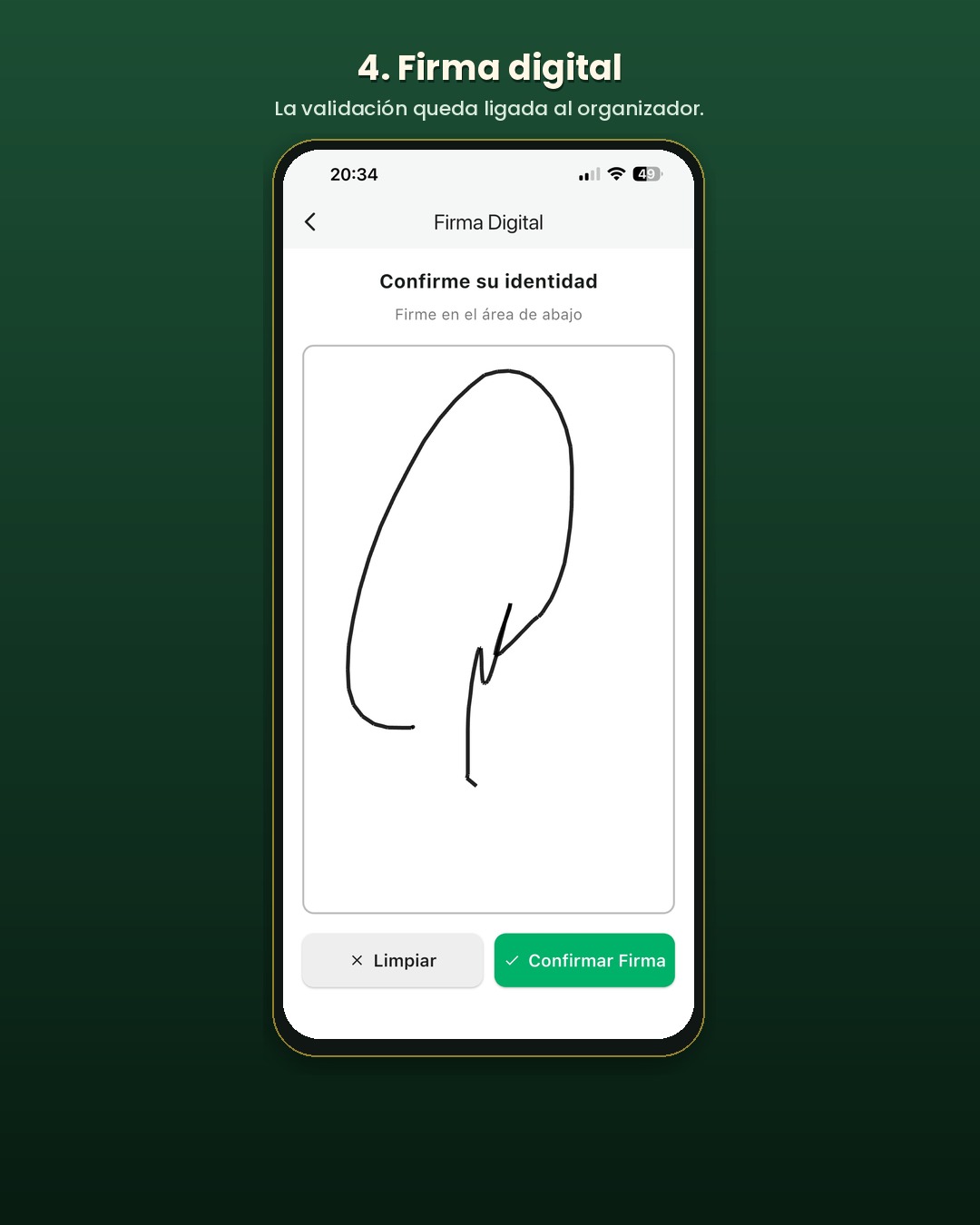 Pantalla de firma digital del organizador