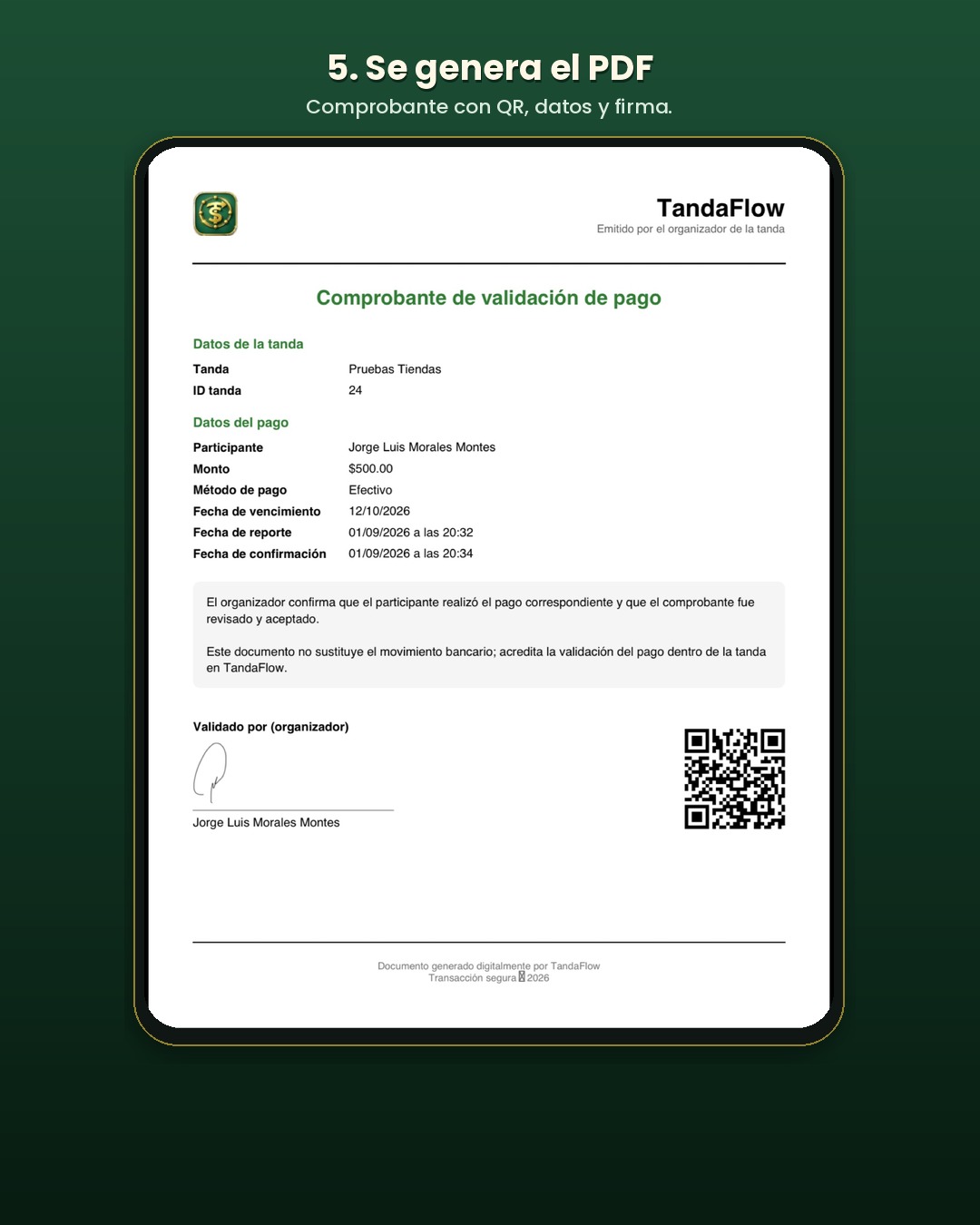 Recibo PDF de TandaFlow con QR, datos del pago y firma